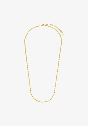 Goudkleurige kralenketting met kleine ovale kralen en verstelbare sluiting op een witte achtergrond.