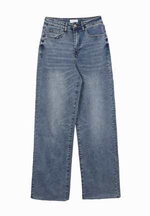 Sinised teksapüksid laia säärega, ees taskud ja münditasku, nööpidega sulgemine ja pleekinud pesu detailid.