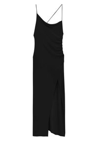 Svart klänning med tunna spaghettistövlar, draperat tyg, sidorynkade detaljer och en hög slits vid låret. Slät textur och minimalistisk design.