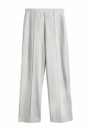 Pantaloni gri deschis cu croială largă, pliuri frontale, talie elastică și o textură fină, moale a țesăturii.