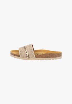 Sandalo scivolato con soletta in sughero e una larga fascia intrecciata di un beige chiaro, caratterizzato da una delicata lavorazione a treccia e una soletta in tonalità marrone chiaro, suola leggera.