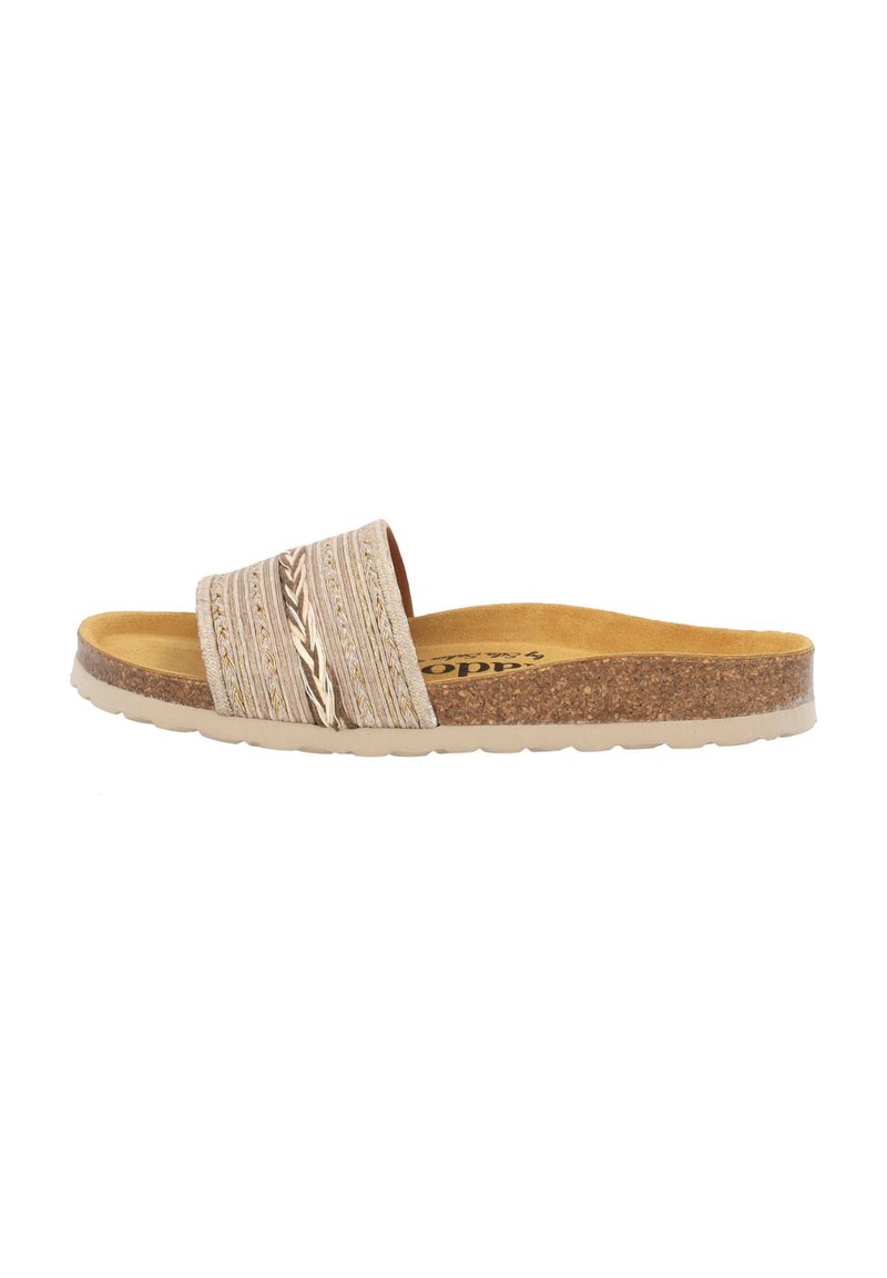 Korkfotbäddssandal med bred flätad rem i ljusbeige, som har subtila flätade detaljer och en texturerad tanfärgad innersula, lättviktig sula.