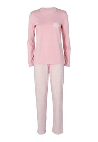 Set di pigiama rosa a maniche lunghe con tasca decorata da una grafica bianca. I pantaloni presentano un delicato motivo ripetuto di un rosa chiaro. Materiale in cotone morbido.