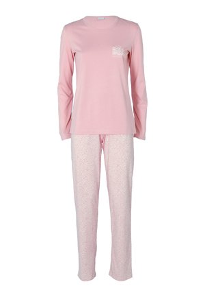 Set di pigiama rosa a maniche lunghe con tasca decorata da una grafica bianca. I pantaloni presentano un delicato motivo ripetuto di un rosa chiaro. Materiale in cotone morbido.