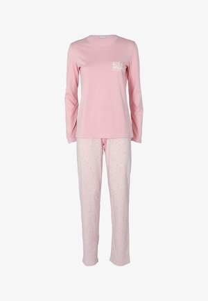 Set di pigiama rosa a maniche lunghe con tasca decorata da una grafica bianca. I pantaloni presentano un delicato motivo ripetuto di un rosa chiaro. Materiale in cotone morbido.