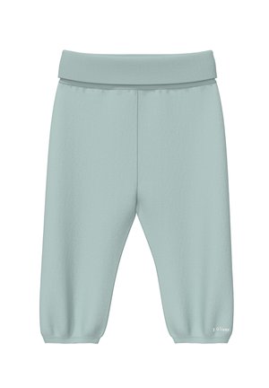 Lichtblauwe zachte stoffen broek met elastische tailleband en boorden, met een klein "s.Oliver" logo bij de onderzoom van één pijp.