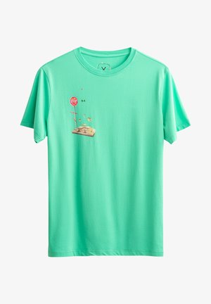Korte mouwen mintgroene T-shirt, met een grafisch ontwerp van een stopbord en cartoonafbeeldingen aan de voorkant. Zacht katoenmateriaal, ronde hals.