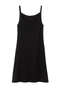Abito nero senza maniche con una vestibilità morbida, realizzato in tessuto soffice, caratterizzato da un scollo rotondo e delicate rifiniture a scallop lungo le spalline.