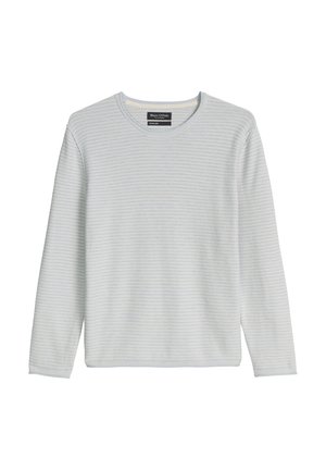 Lichtblauw en wit, dun horizontaal gestreept shirt van katoen-linnen met lange mouwen, ronde hals en een Marc O'Polo label aan de binnenkant van de kraag.