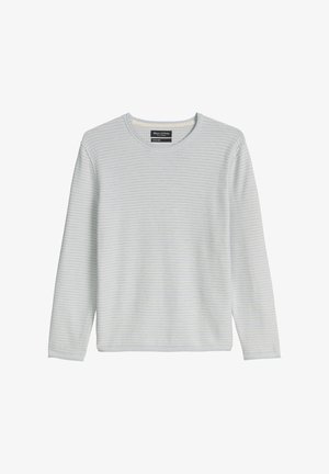 Lichtblauw en wit, dun horizontaal gestreept shirt van katoen-linnen met lange mouwen, ronde hals en een Marc O'Polo label aan de binnenkant van de kraag.