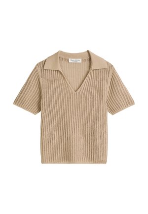Polo en maille beige à manches courtes avec encolure en V et motif ajouré vertical texturé, col moyen et étiquette Marc O'Polo.