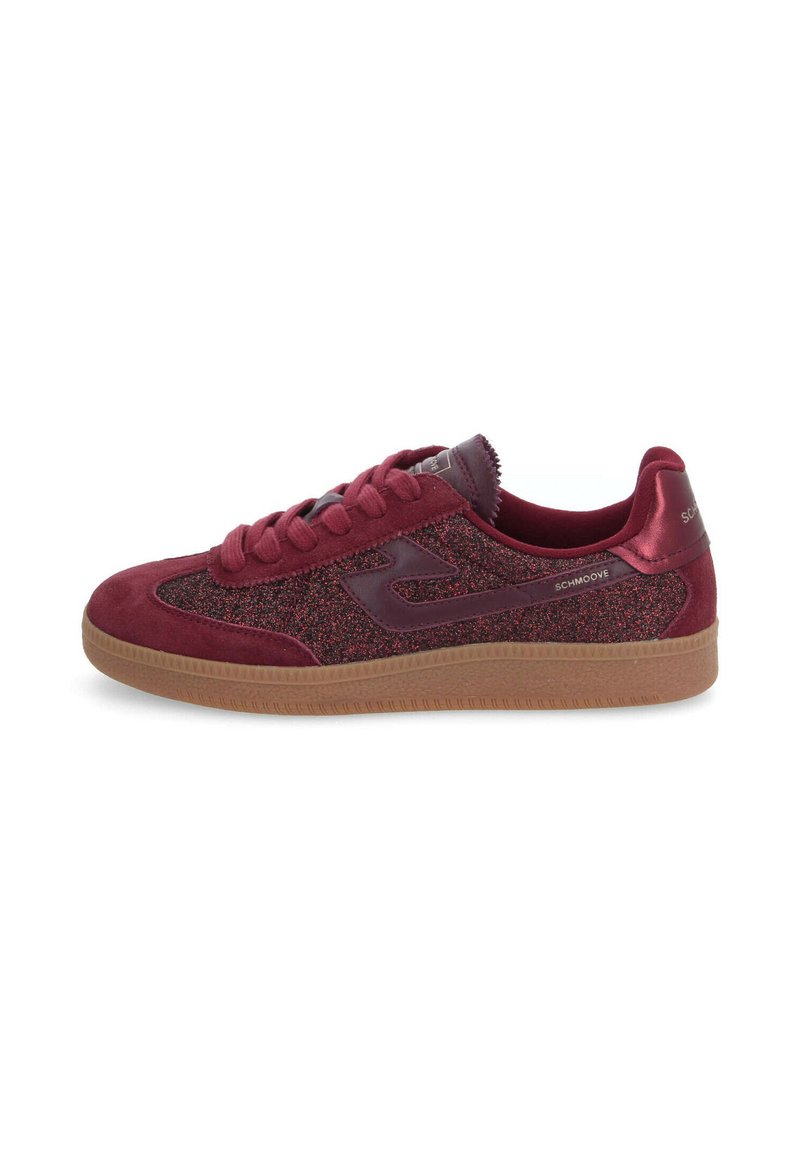 Burgundy sneakers featuring a suede upper with sparkly accents, lace-up closure, and rubber sole with textured grip.
