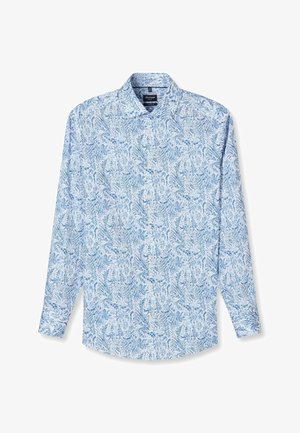 Lichtblauw overhemd met lange mouwen, knoopsluiting en een uitgewaaierde kraag, geheel bedrukt met een ingewikkeld donkerblauw bloemmotief.