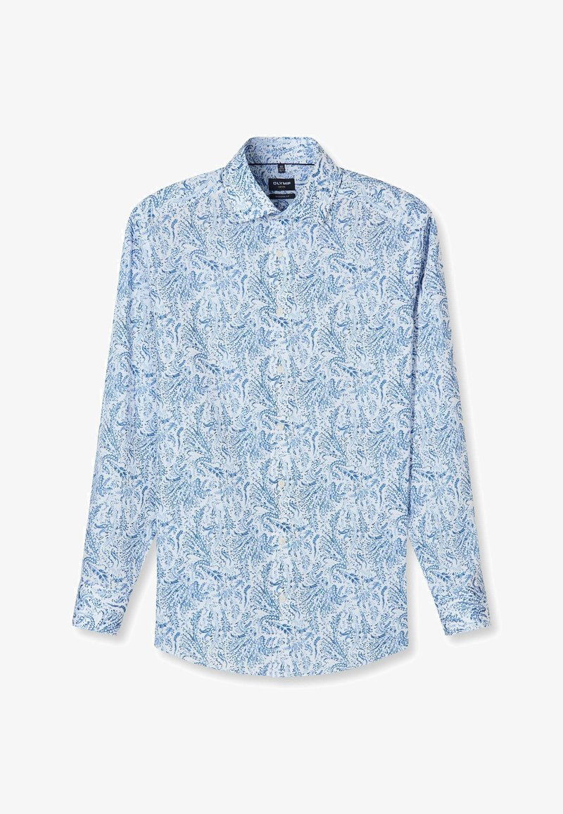 Hellblaues, langärmeliges Hemd mit Knopfleiste, ausgestelltem Kragen und einem filigranen, dunklerblauen Blumenmuster auf dem gesamten Stoff.