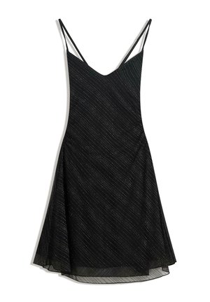 Abito nero con scollatura a V e spalline sottili. Realizzato in materiale leggero con strisce argentate diagonali. Orlo fluido con texture a strati.