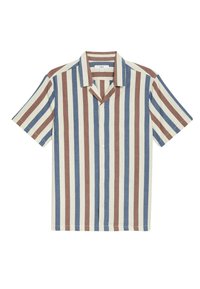 Camicia a maniche corte con bottoni, caratterizzata da righe verticali in rosso, blu e crema, dotata di colletto a scatto e tessuto testurizzato.