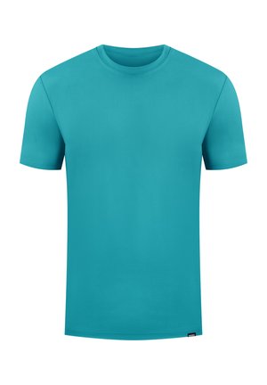 T-shirt turchese a maniche corte realizzato in morbido cotone. Presenta un collo rotondo e un orlo dritto, senza motivi o loghi visibili.
