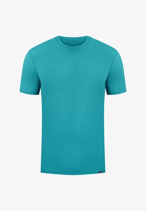 T-shirt turchese a maniche corte realizzato in morbido cotone. Presenta un collo rotondo e un orlo dritto, senza motivi o loghi visibili.
