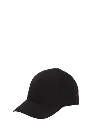 Black baseball cap with curved brim and six-panel design against a white background.