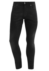 Svarta smala jeans i denim, med en slät yta, standardfickor, metallknappstängning och lätt blekning.