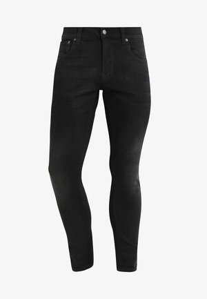 Jeans ajustados negros de material de mezclilla, con una textura suave, bolsillos estándar, cierre de botón metálico y un ligero desgaste.