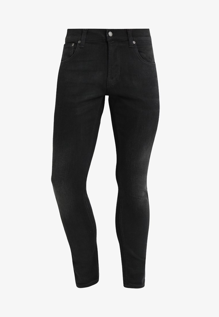 Svarta smala jeans i denim, med en slät yta, standardfickor, metallknappstängning och lätt blekning.