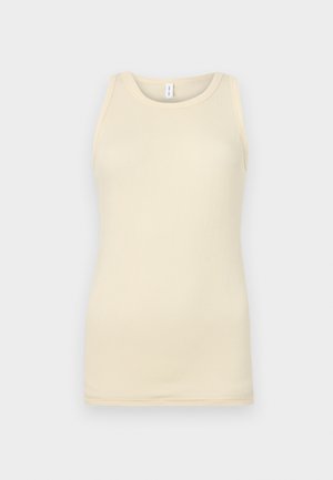 Valkoinen puuvillainen ilmanhiha-toppi, jossa on pyöreä kaula-aukko ja vartalonmyötäinen leikkaus. Tasainen pinta, jossa on vain vähän saumoja.