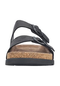 Czarna sandały na dwóch paskach z regulowanymi klamrami, korkową wkładką i teksturowaną gumową podeszwą. Minimalistyczny design w neutralnej palecie kolorów.