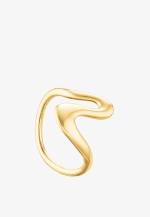 Anillo de oro de forma abstracta con curvas suaves y fluidas, que crea un diseño abierto y asimétrico.