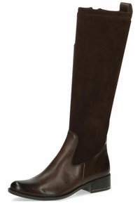 Bottes marron montantes en cuir lisse et en daim. Talon carré et panneau élastique sur le haut pour un maintien sûr.