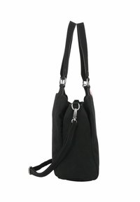 Sacoche noire en toile avec deux sangles réglables, accents en métal argenté, un compartiment principal zippé et une finition texturée.