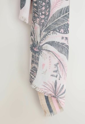 Viegls šalles ar ziedu rakstu pelēkā un rozā krāsā, ar bārkstīm malās un teksturētu apdari. Taisnstūra forma ar mīkstu audumu.