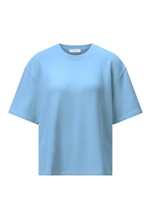 Light blue short-sleeve crewneck T-shirt with relaxed fit and visible seam details on shoulders and sleeves.