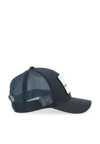 Navy blue cap with a solid front panel and mesh back. Features a curved brim and side tag. Texture is smooth with a breathable design.