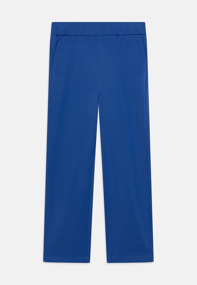 Pantalons larges bleus en tissu lisse, avec une taille mi-haute et deux poches latérales. Lignes épurées sans accents décoratifs ni motifs.