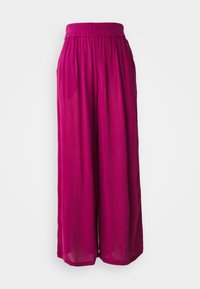 Fuchsia wide-leg trousers made of lightweight, textured fabric. Elastic waistband with pleated detail, featuring a loose, flowing silhouette.