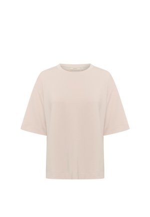 Ljusrosa, kortärmad t-shirt gjord av mjukt tyg. Har rund halsringning och lös passform med sydda kantdetaljer.