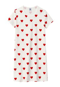 Abito a maniche corte in cotone bianco, caratterizzato da un motivo a cuori rossi su tutta la superficie. Collo rotondo classico, vestibilità rilassata e texture morbida.