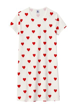 Abito a maniche corte in cotone bianco, caratterizzato da un motivo a cuori rossi su tutta la superficie. Collo rotondo classico, vestibilità rilassata e texture morbida.