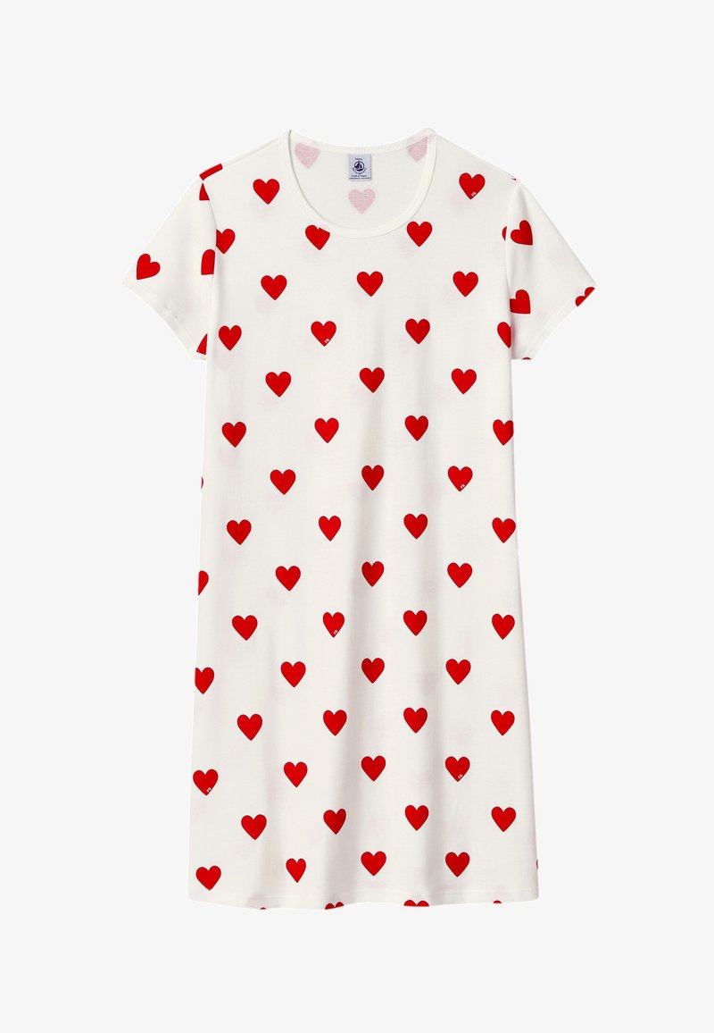 Abito a maniche corte in cotone bianco, caratterizzato da un motivo a cuori rossi su tutta la superficie. Collo rotondo classico, vestibilità rilassata e texture morbida.