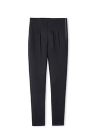 Czarne spodnie o eleganckim fasonie, z zakładkami w talii i bocznym zamkiem błyskawicznym. Wykonane z gładkiego, teksturowanego materiału, w zwężanym kroju.