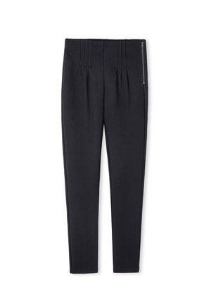 Schwarze Hose mit einem eleganten Design, ausgestattet mit Falten an der Taille und einem seitlichen Reißverschluss. Hergestellt aus einem glatten, strukturierten Stoff, schmal zulaufender Schnitt.