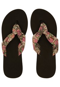 Mustat flip-flopit, joissa on kukkakuosiset kangasremmit, joissa on vaaleanpunaista, vihreää ja beigeä sävyä. Kuviollinen pohja, jossa on "ROXY"-logo.