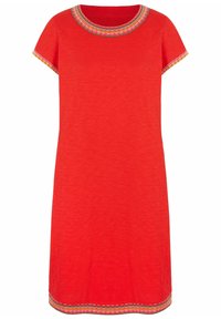 Robe rouge à manches courtes avec bordure festonnée multicolore sur le col, les bords des manches et l'ourlet.