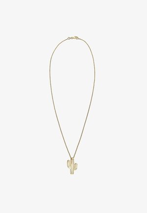 Collier délicat en chaîne dorée avec un petit pendentif en forme de cactus, présenté sur un fond blanc uni.