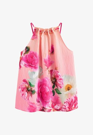 Roze mouwloze top met bloemmotief, met grote roze en witte bloemen en dunne schouderbandjes.