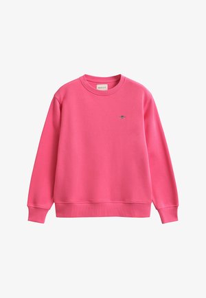 Roze crewneck-trui met lange mouwen, geribbelde manchetten en zoom, en een klein geborduurd logo op de linkerborst.