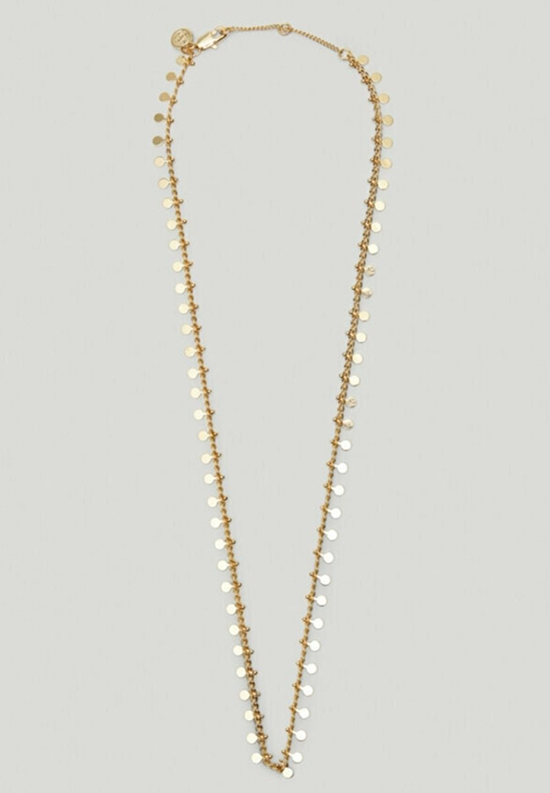 Collier chaîne en or avec de petits disques ronds en or espacés uniformément sur toute sa longueur et une fermeture à fermoir mousqueton.