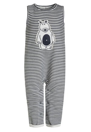 Ärmelloser Baby-Body mit blau-weißen horizontalen Streifen, ausgestattet mit einem Aufnäher eines Cartoonbären auf der Brust und Druckknöpfen entlang der Beine.