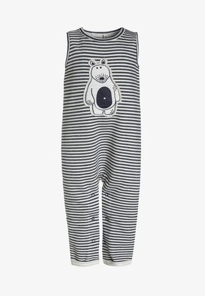 Combinaison sans manches pour bébé avec des rayures horizontales bleu marine et blanches, présentant un patch de nounours sur la poitrine et des boutons pression le long des jambes.